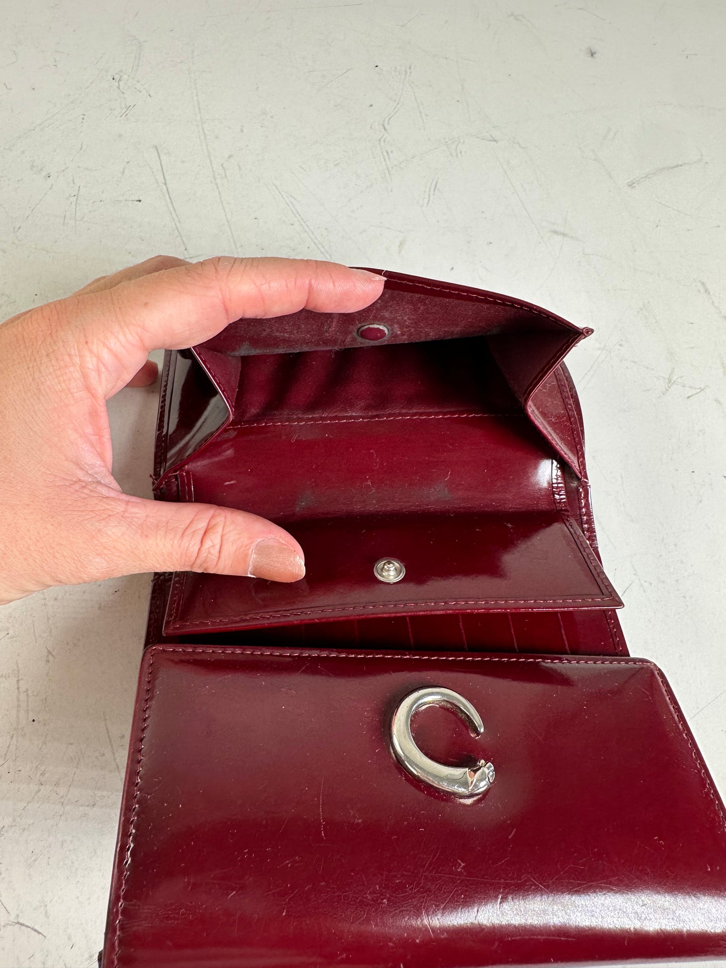 Vintage Cartier Patent Leather Wallet Burgundy Silver