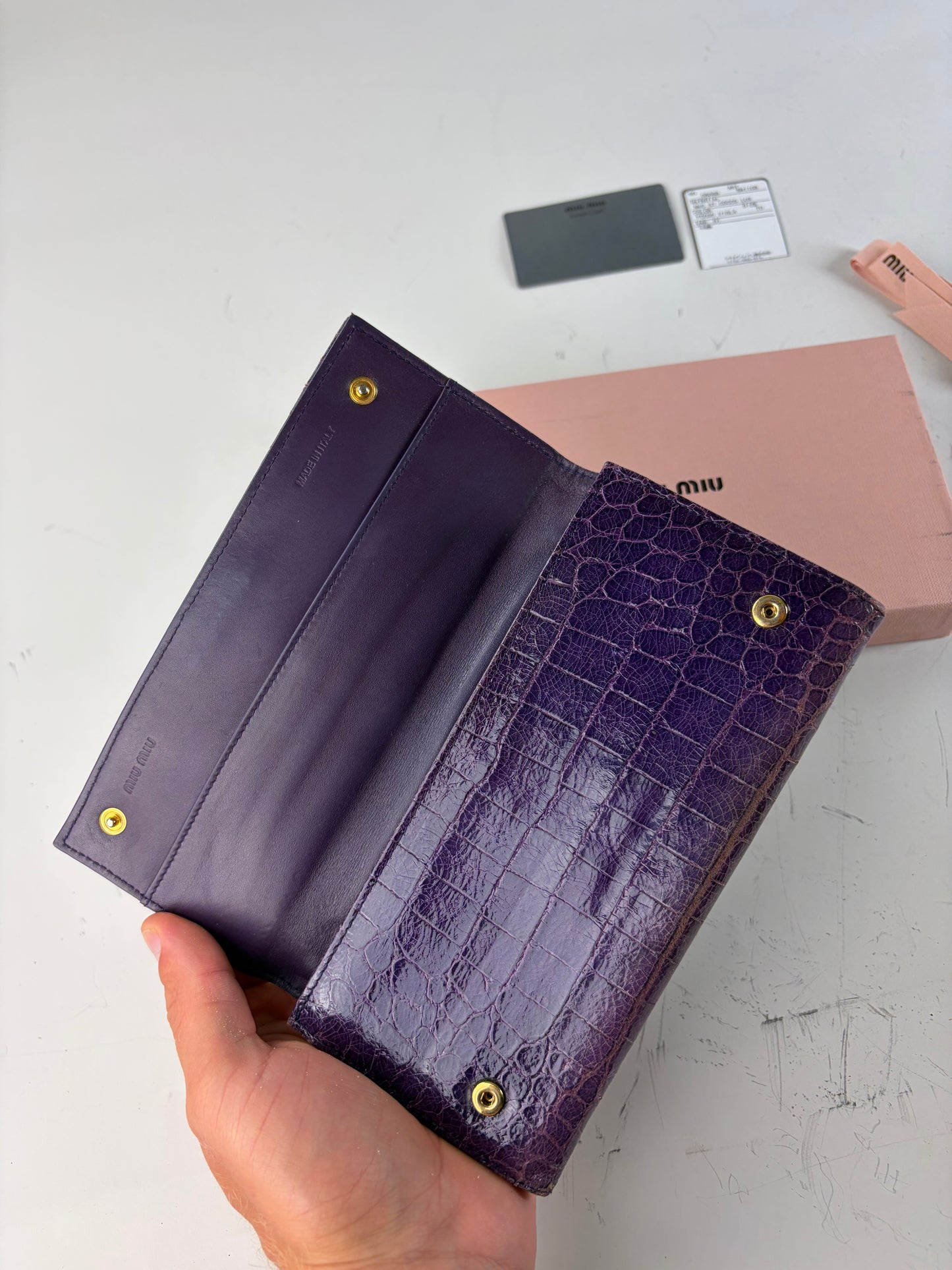 Vintage Miu Miu Crocodile-Embossed Leather Wallet Purple Gold