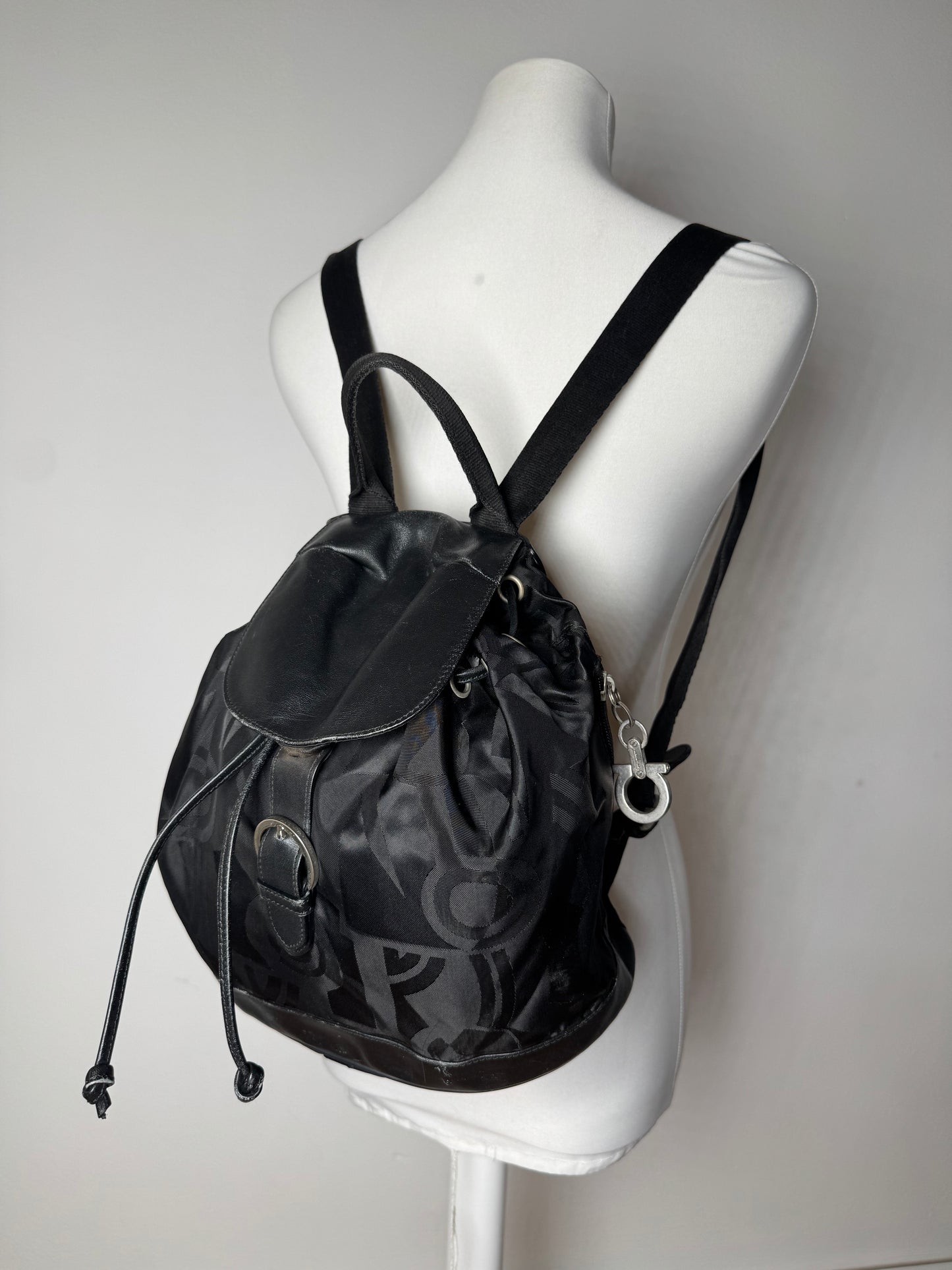 Vintage Salvatore Ferragamo Monogram Canvas Leather Backpack Black