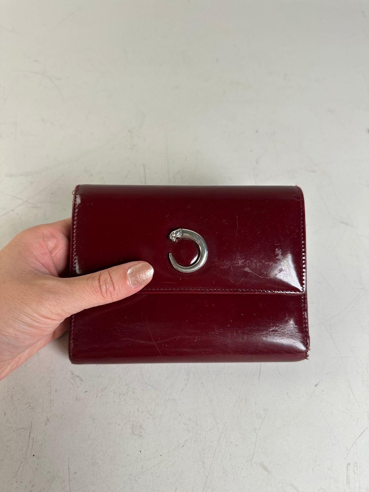 Vintage Cartier Patent Leather Wallet Burgundy Silver
