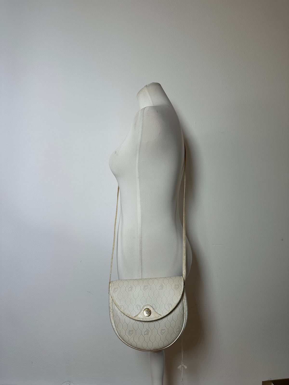 Vintage Dior Hexagonal Monogram Flap Crossbody Bag Late 1970s Cream