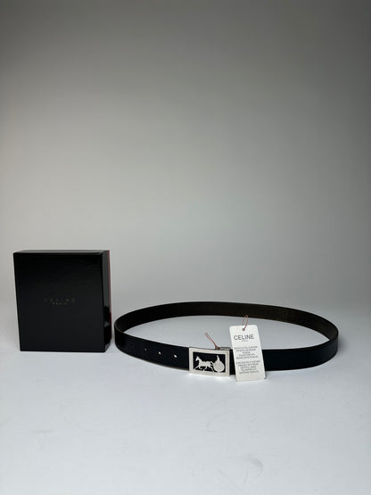 Vintage Celine Paris Crocodile Emblossed Leather Belt Black