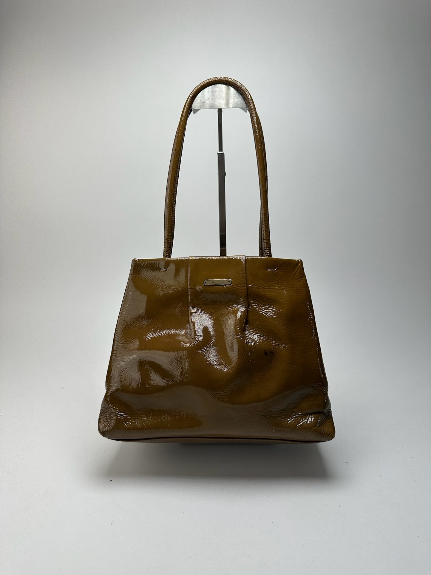 Sac vintage en cuir verni Céline Paris Kaki