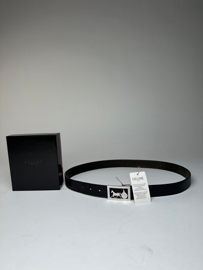 Vintage Celine Paris Crocodile Emblossed Leather Belt Black