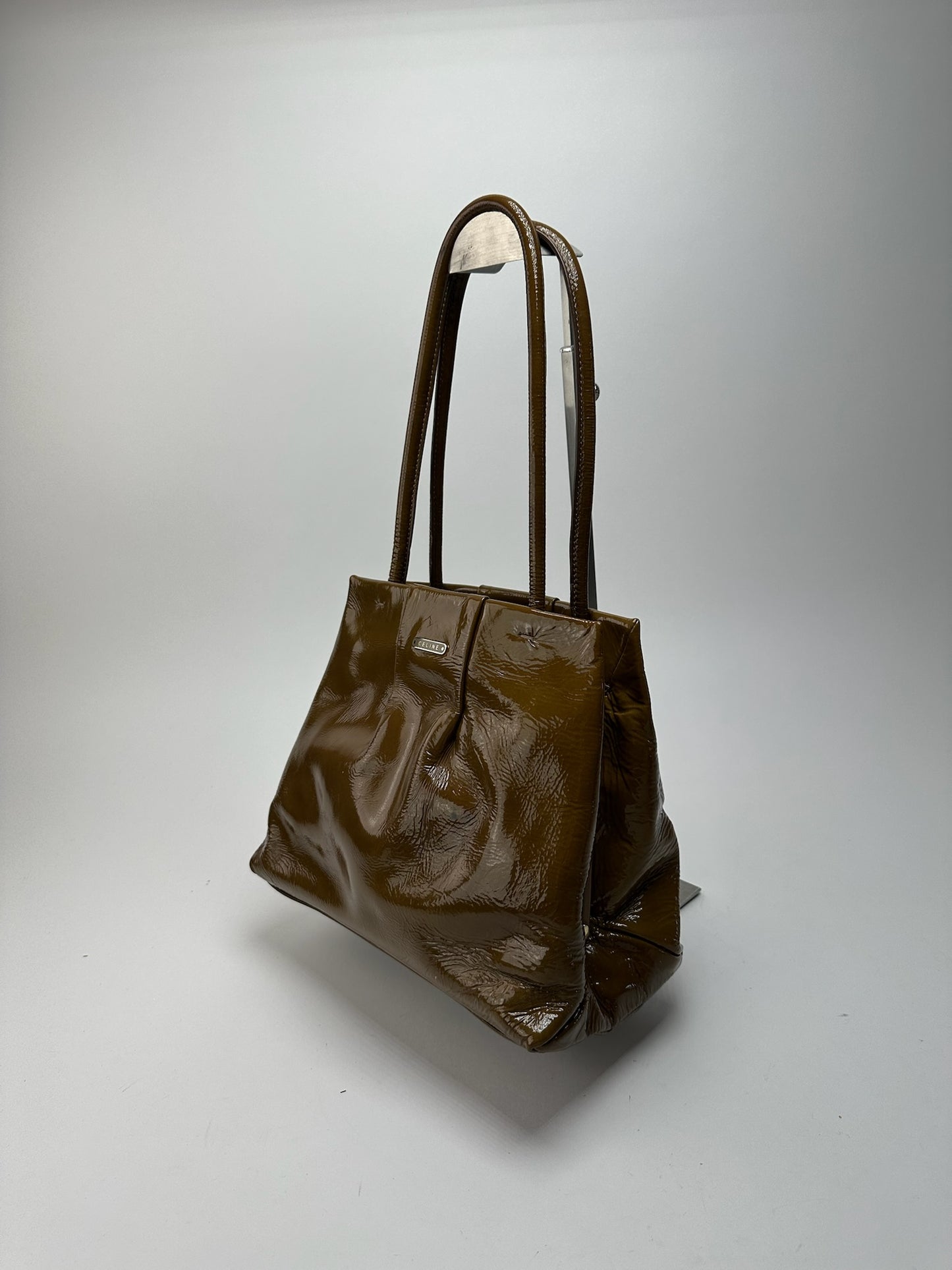 Sac vintage en cuir verni Céline Paris Kaki