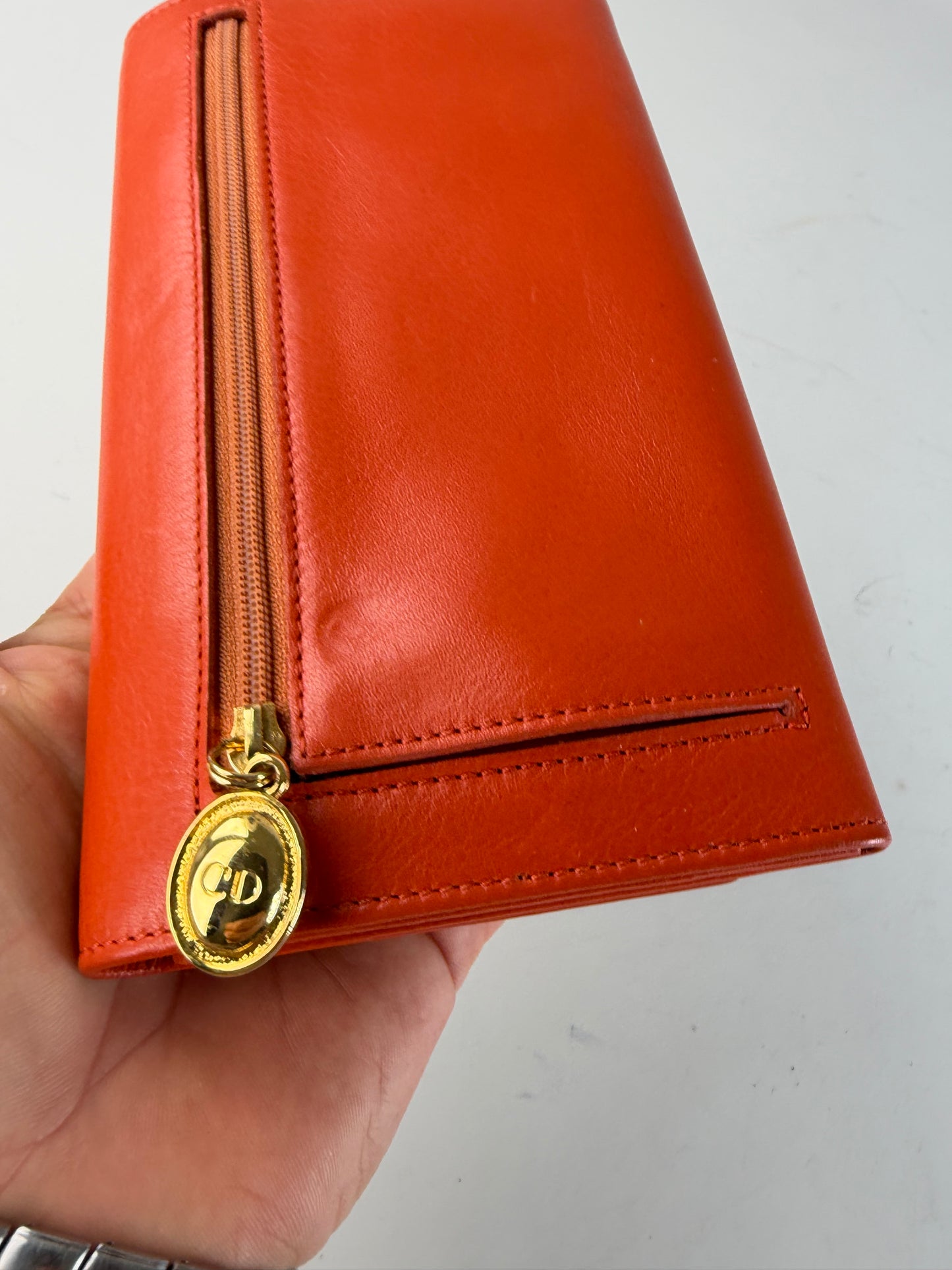 Vintage Dior Smooth Leather Bifold Wallet Orange Gold