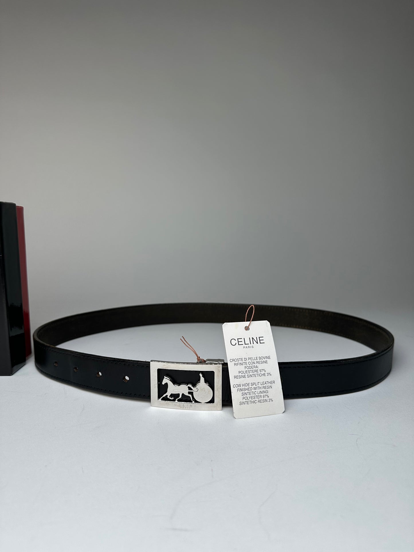 Vintage Celine Paris Crocodile Emblossed Leather Belt Black