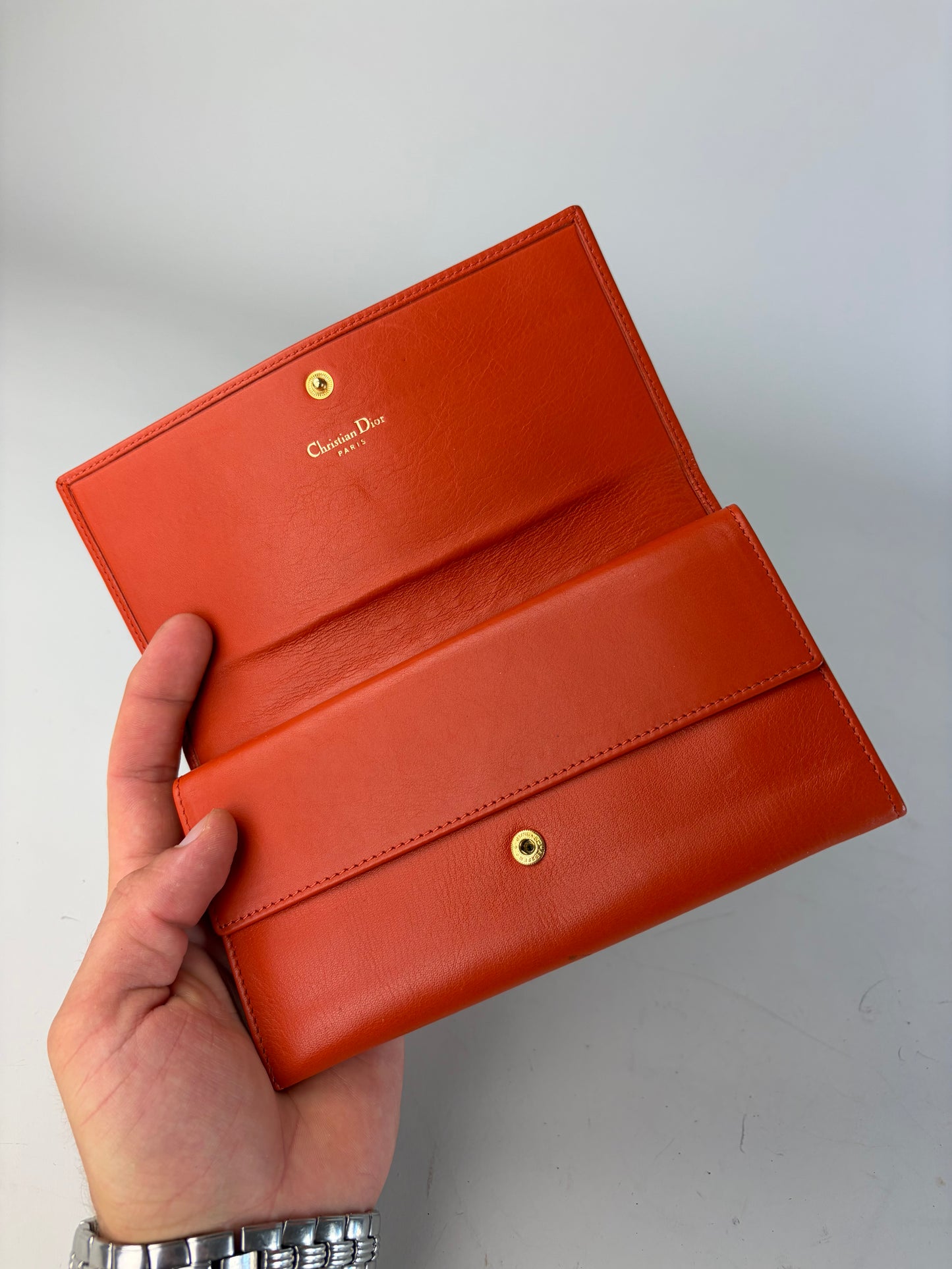 Vintage Dior Smooth Leather Bifold Wallet Orange Gold