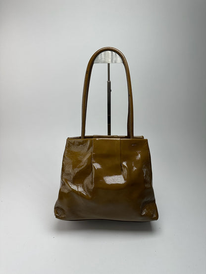 Sac vintage en cuir verni Céline Paris Kaki