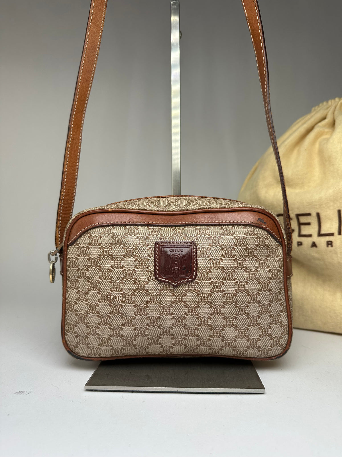 Vintage Celine Macadam Canvas Crossbody Bag Late 1980s Beige Brown
