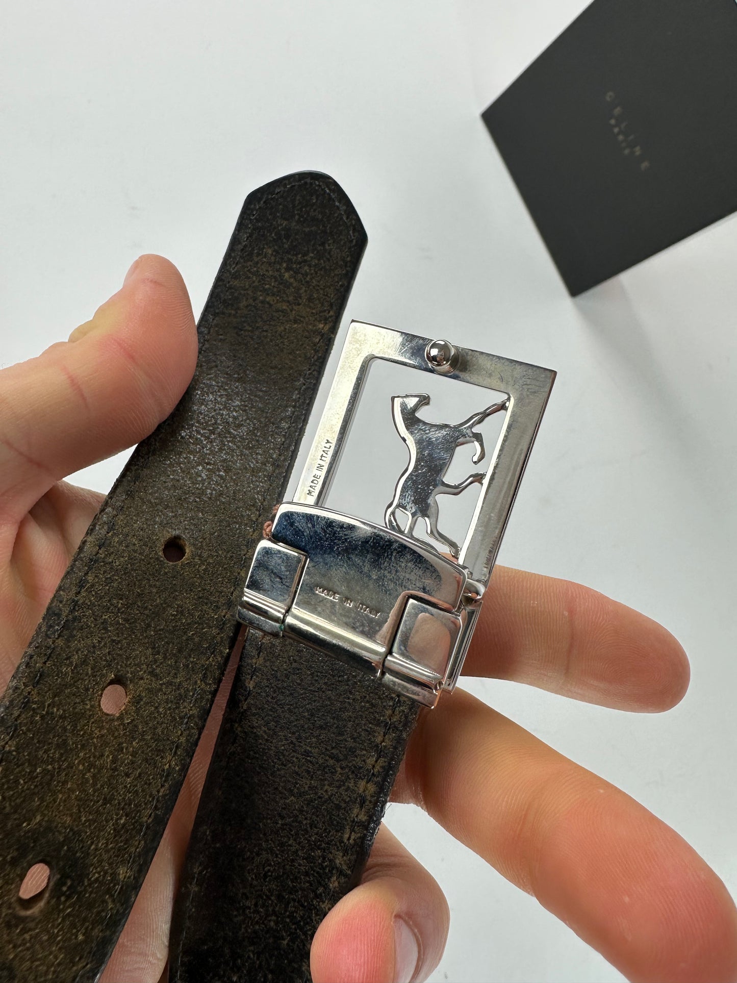 Vintage Celine Paris Crocodile Emblossed Leather Belt Black