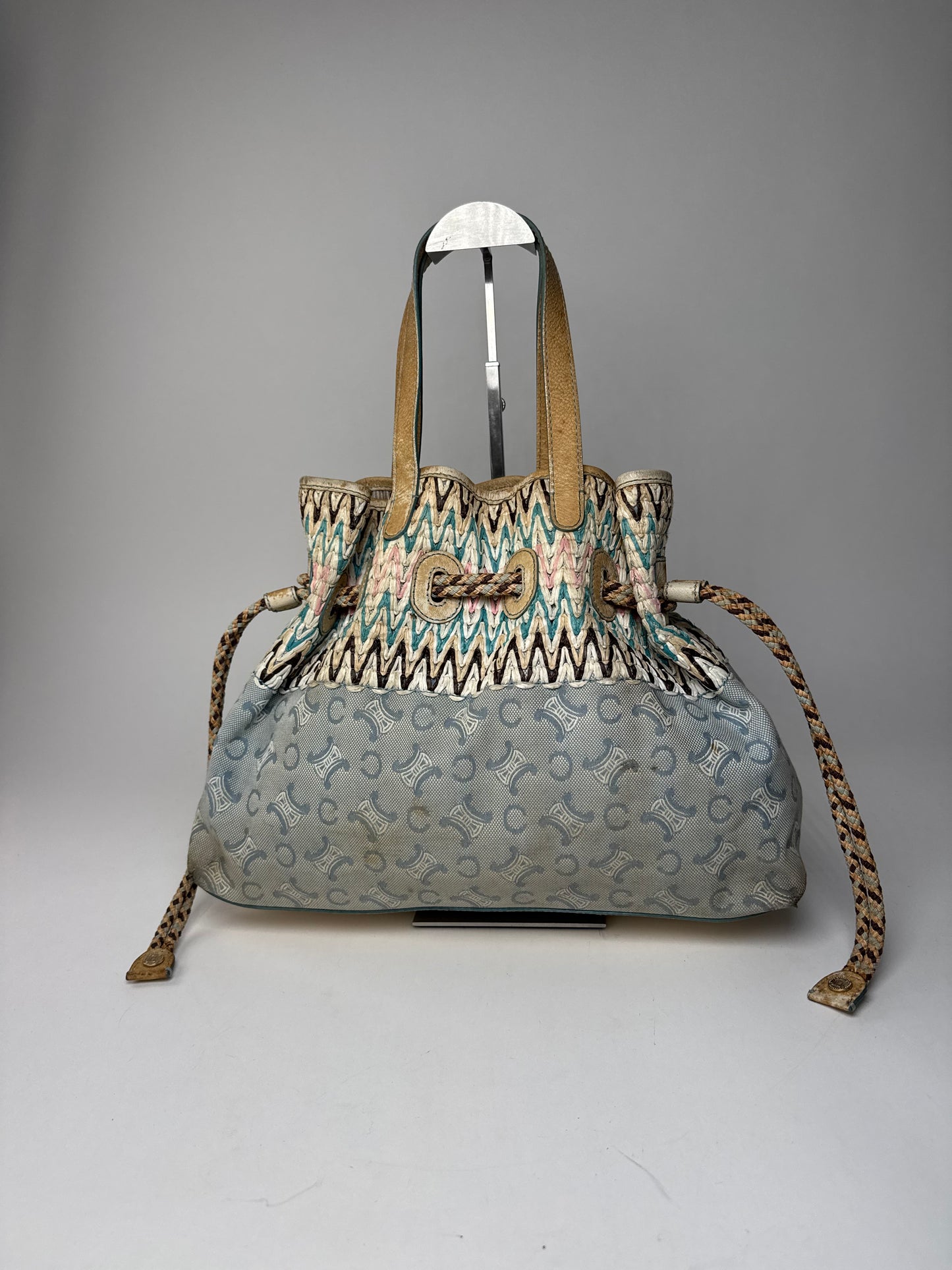 Vintage Celine Monogram Handbag Beige Blue White