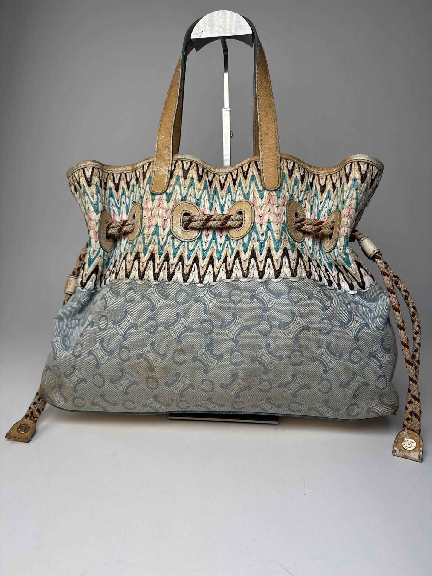 Vintage Celine Monogram Handbag Beige Blue White