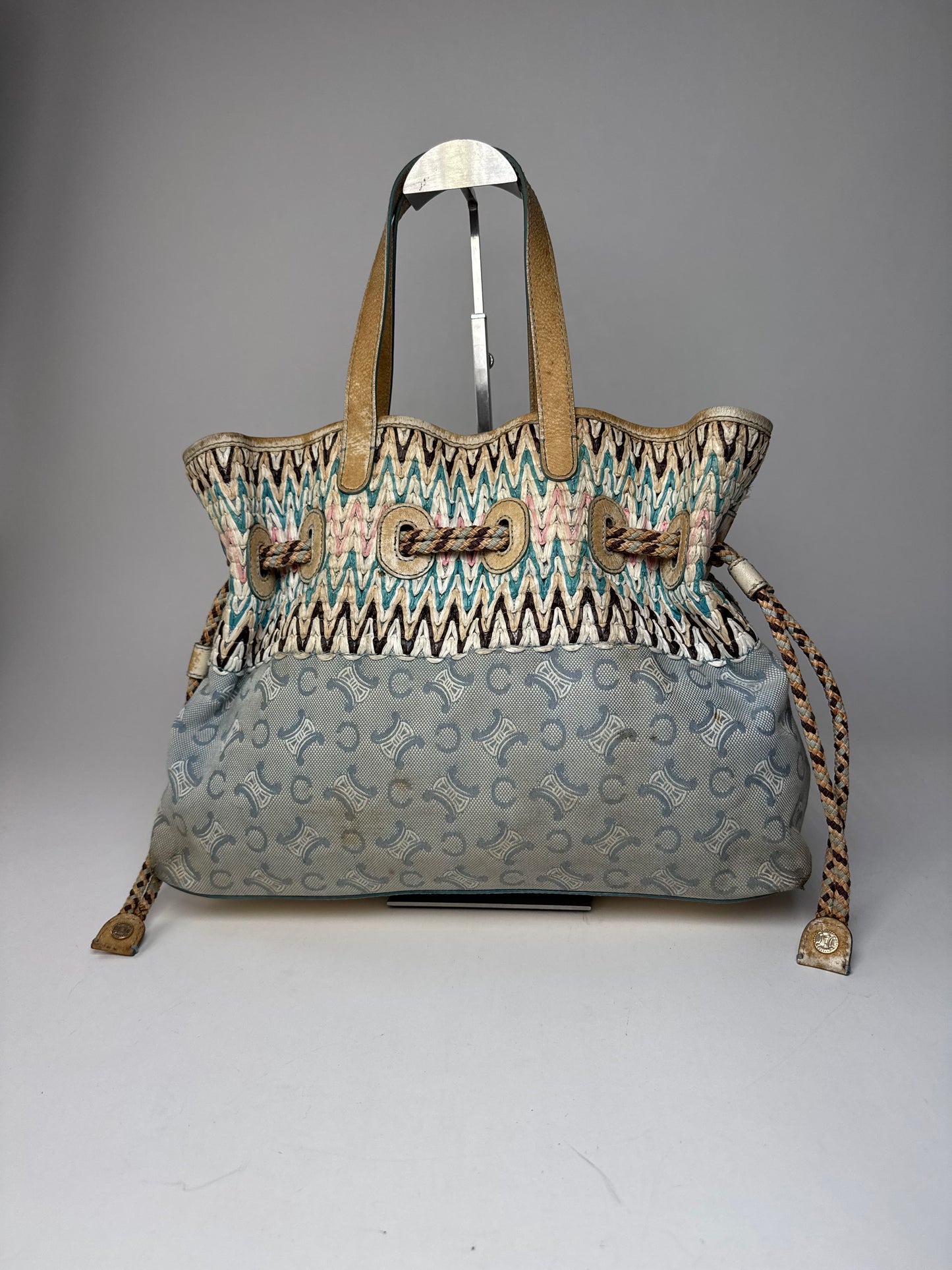 Vintage Celine Monogram Handbag Beige Blue White