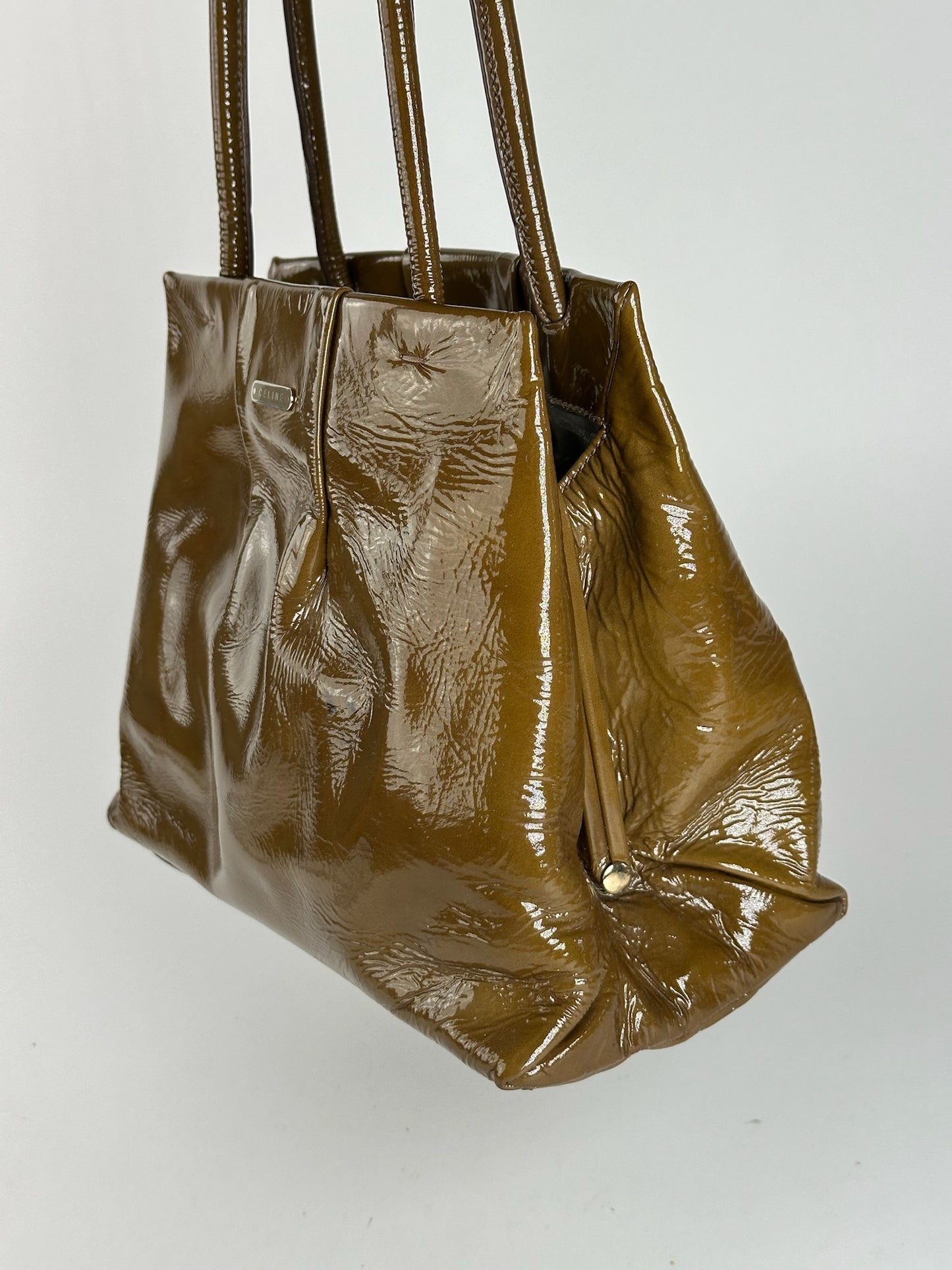 Sac vintage en cuir verni Céline Paris Kaki