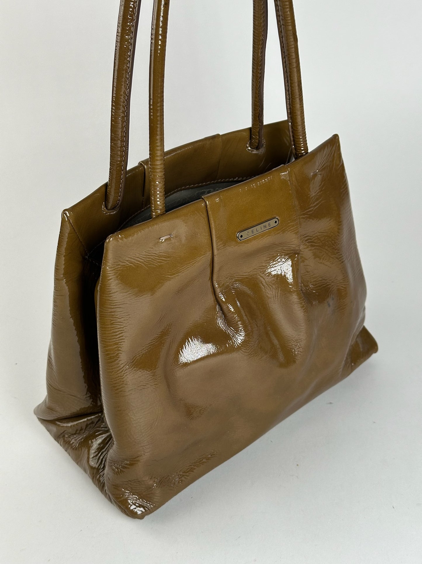 Sac vintage en cuir verni Céline Paris Kaki