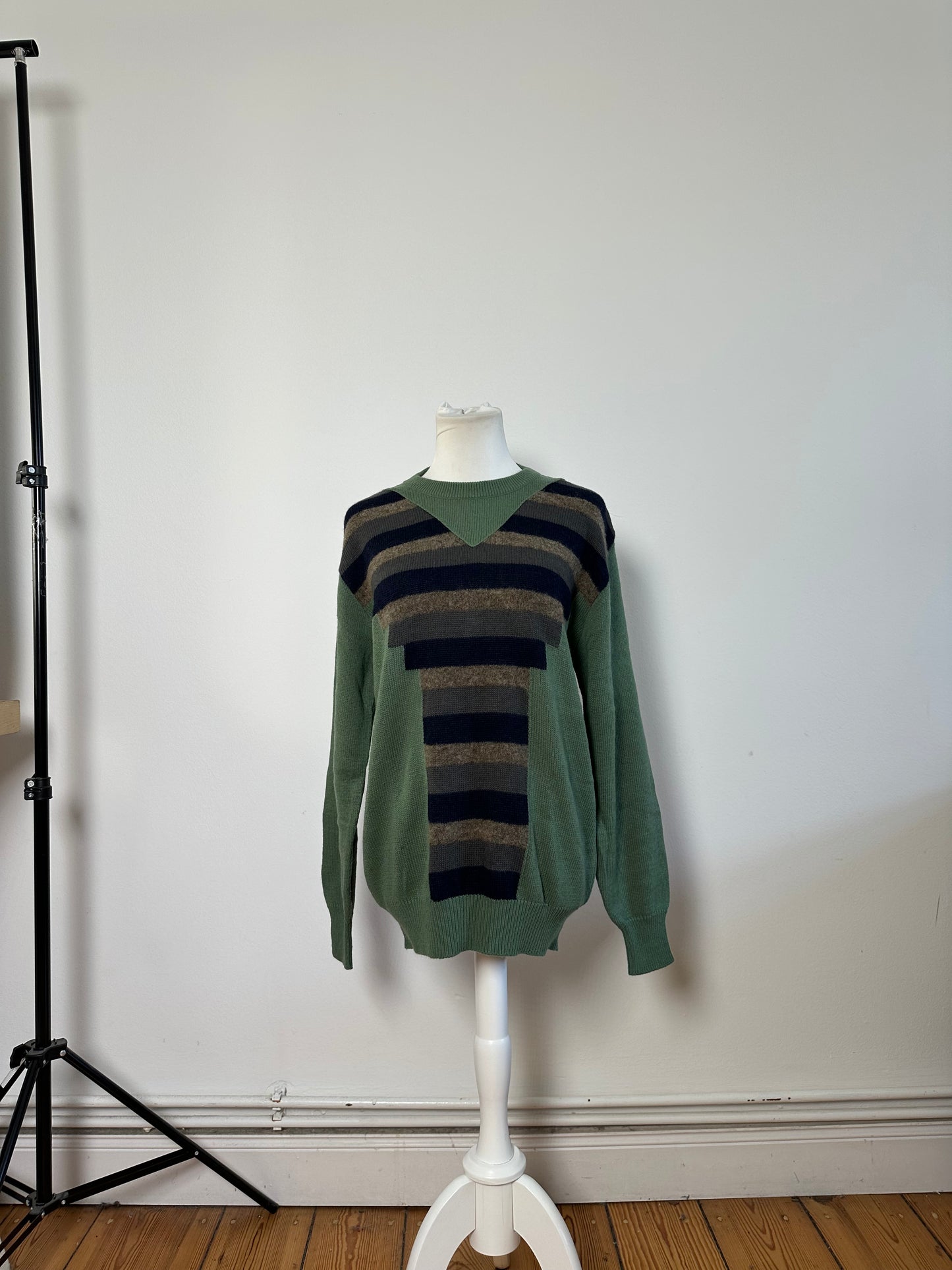 Vintage Yves Saint Laurent Men's Striped Cotton Wool Sweater Green Navy Beige XL