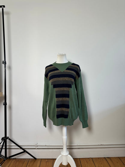 Vintage Yves Saint Laurent Men's Striped Cotton Wool Sweater Green Navy Beige XL