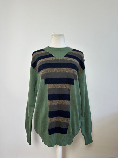 Vintage Yves Saint Laurent Men's Striped Cotton Wool Sweater Green Navy Beige XL