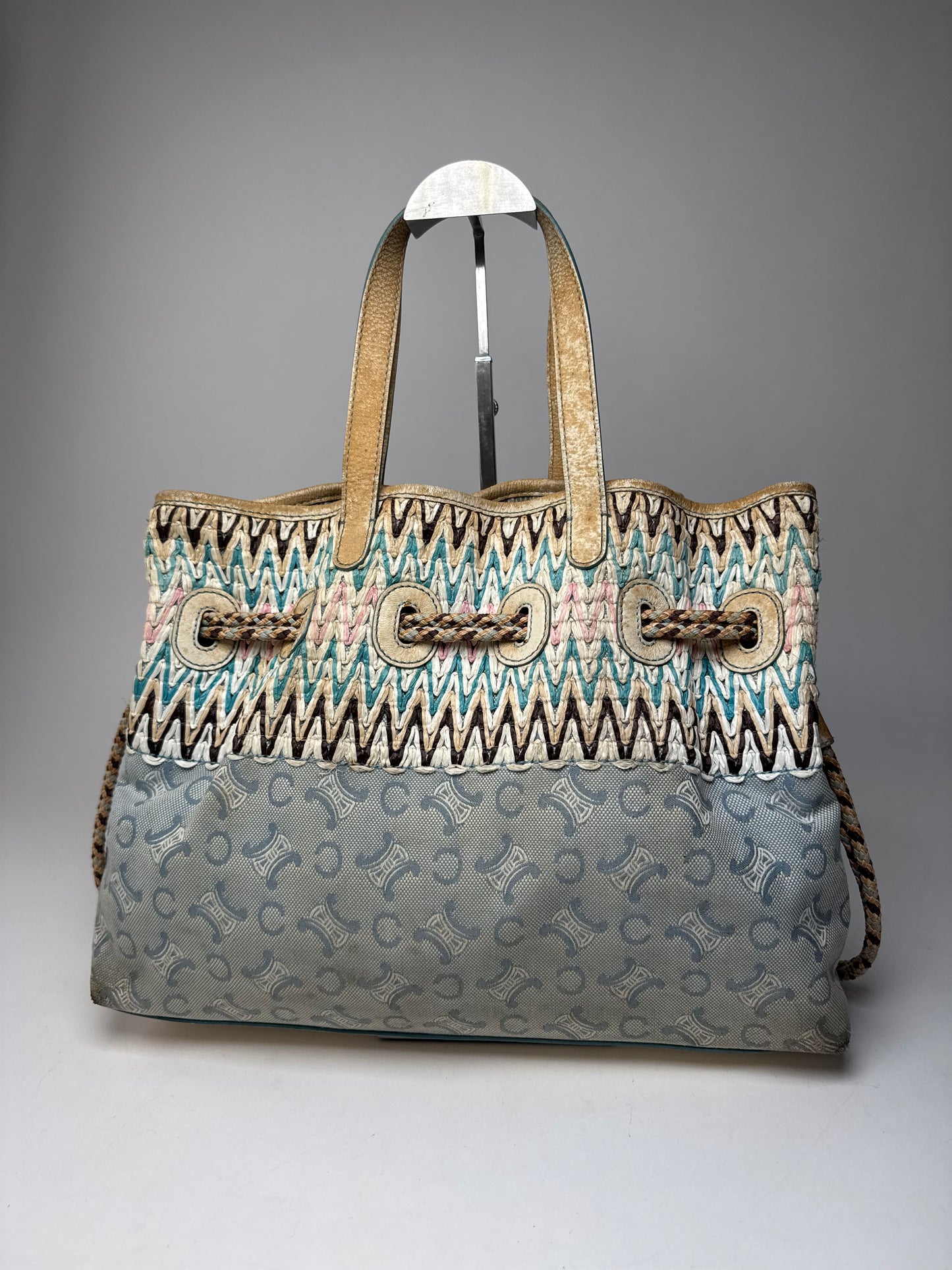 Vintage Celine Monogram Handbag Beige Blue White
