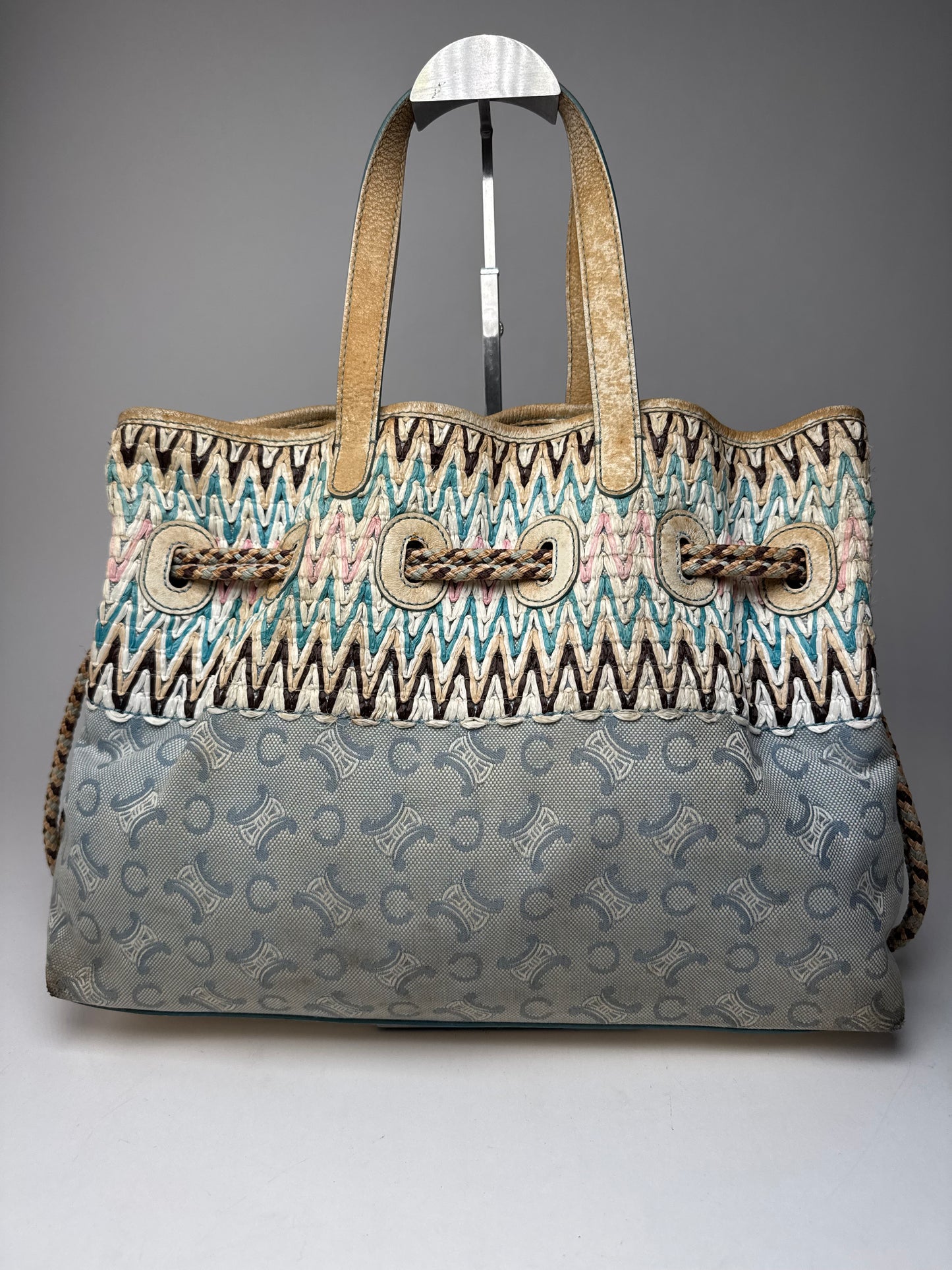 Vintage Celine Monogram Handbag Beige Blue White