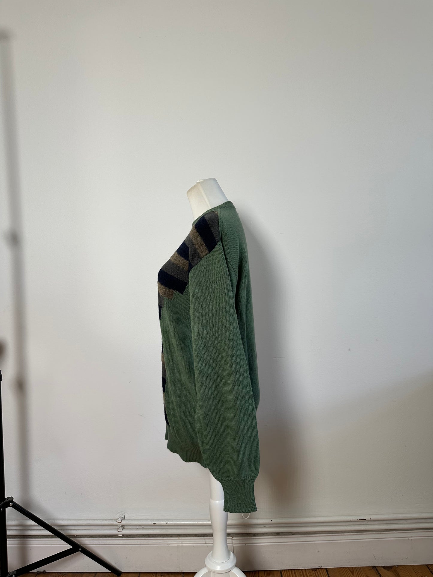 Vintage Yves Saint Laurent Men's Striped Cotton Wool Sweater Green Navy Beige XL
