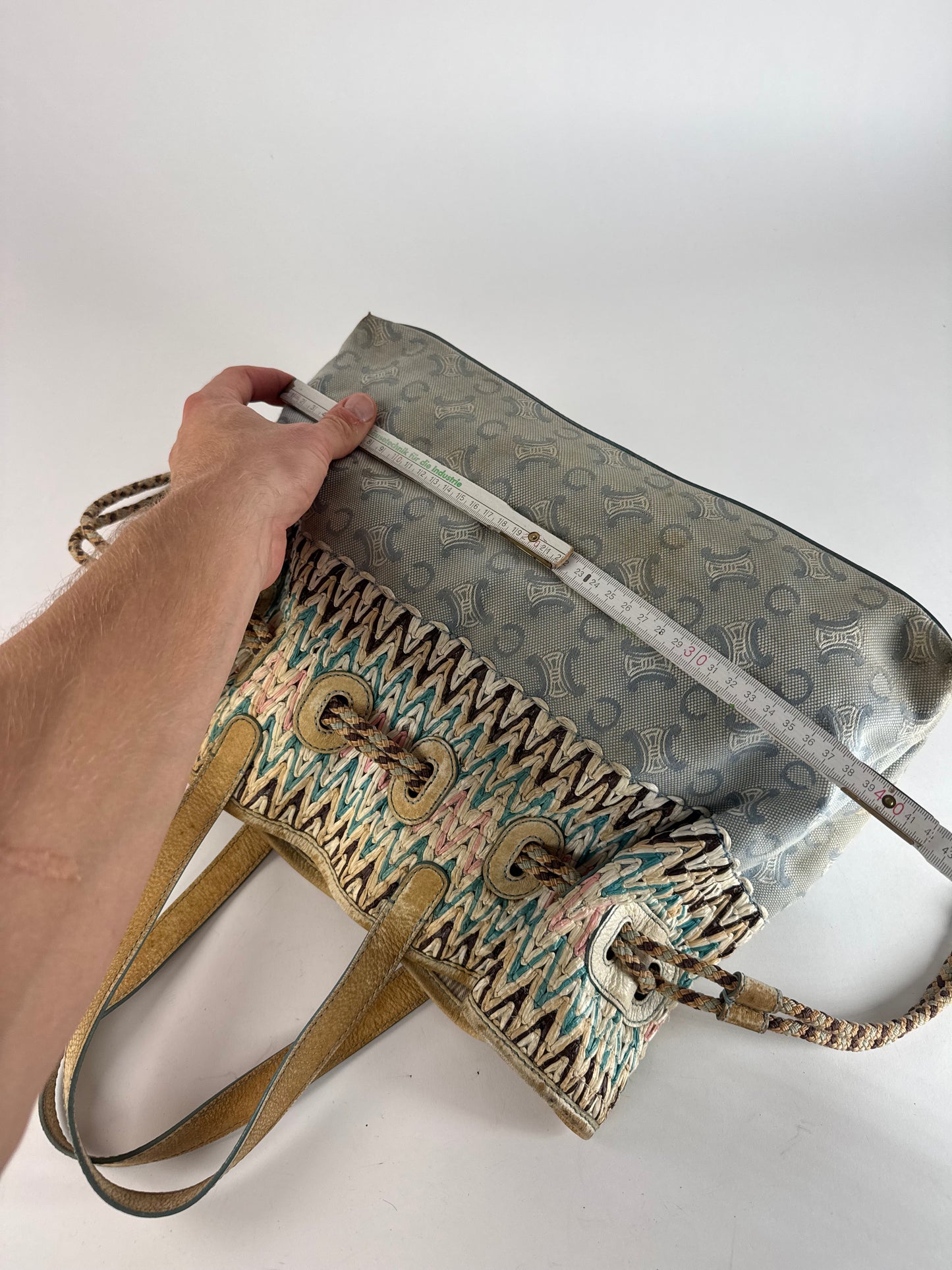 Vintage Celine Monogram Handbag Beige Blue White