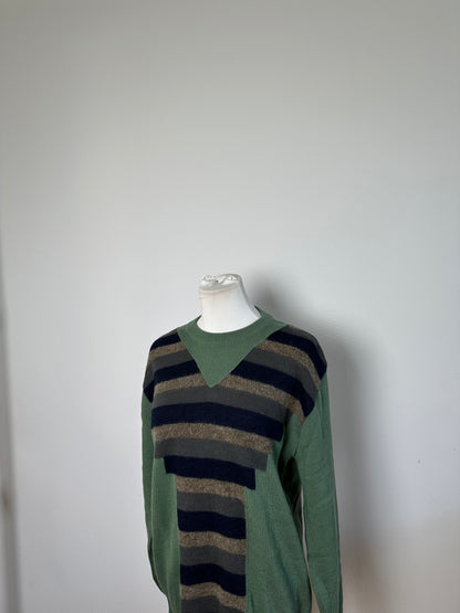 Vintage Yves Saint Laurent Men's Striped Cotton Wool Sweater Green Navy Beige XL