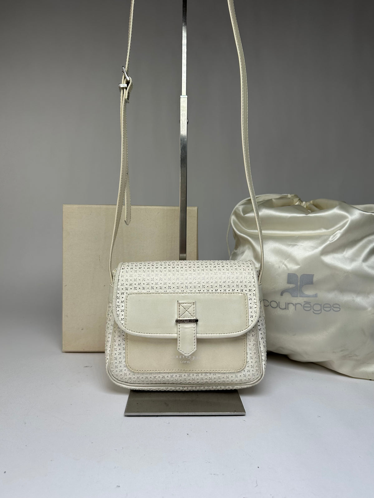Vintage Courreges Perforated Leather Flap Crossbody Bag c. Late 1970s Cream