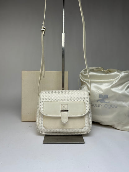 Vintage Courreges Perforated Leather Flap Crossbody Bag c. Late 1970s Cream