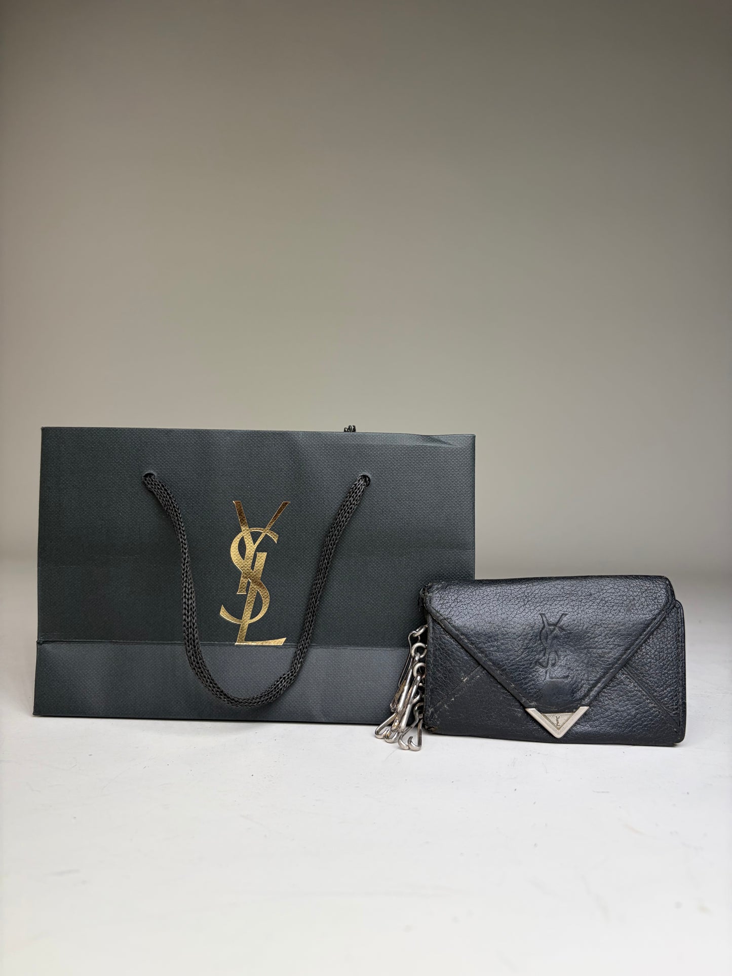 Vintage Yves Saint Laurent Leather Chain Wallet Black Silver