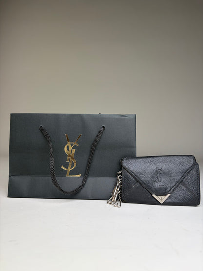 Vintage Yves Saint Laurent Leather Chain Wallet Black Silver