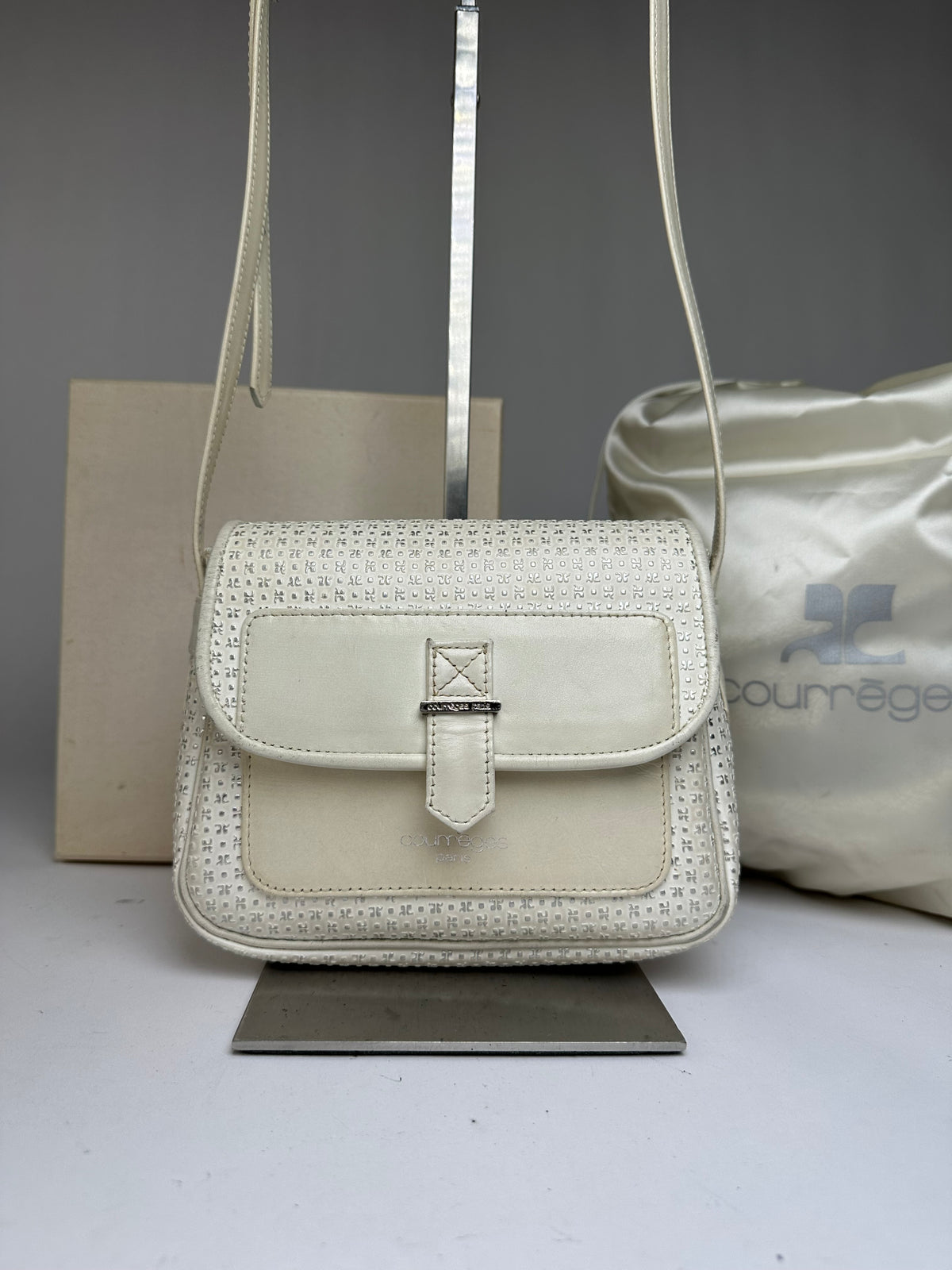 Vintage Courreges Perforated Leather Flap Crossbody Bag c. Late 1970s Cream