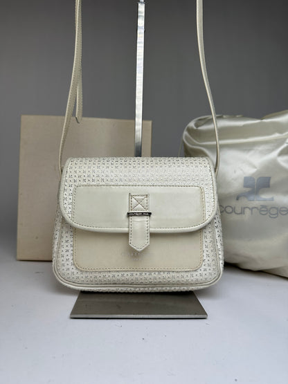 Vintage Courreges Perforated Leather Flap Crossbody Bag c. Late 1970s Cream