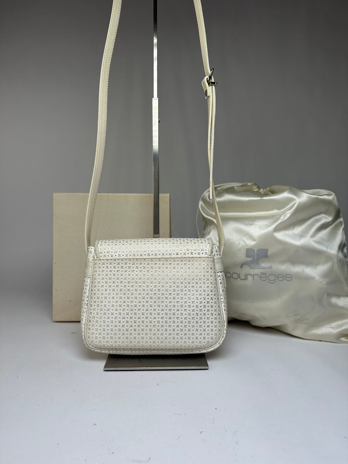 Vintage Courreges Perforated Leather Flap Crossbody Bag c. Late 1970s Cream