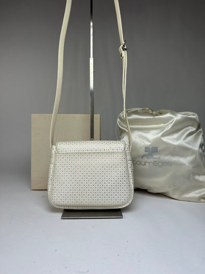Vintage Courreges Perforated Leather Flap Crossbody Bag c. Late 1970s Cream