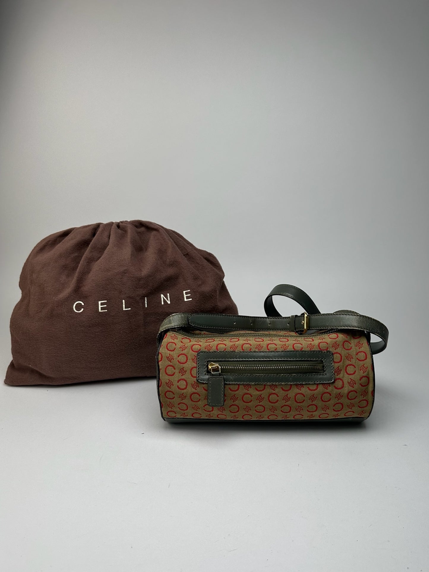 Sac Macadam vintage Céline Paris kaki rouge