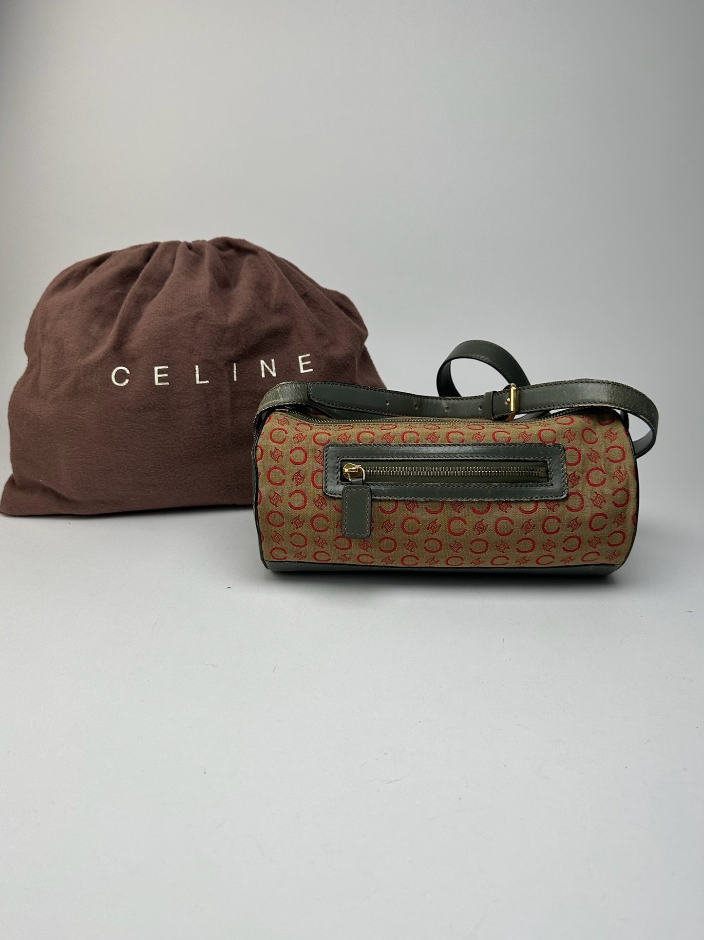 Sac Macadam vintage Céline Paris kaki rouge