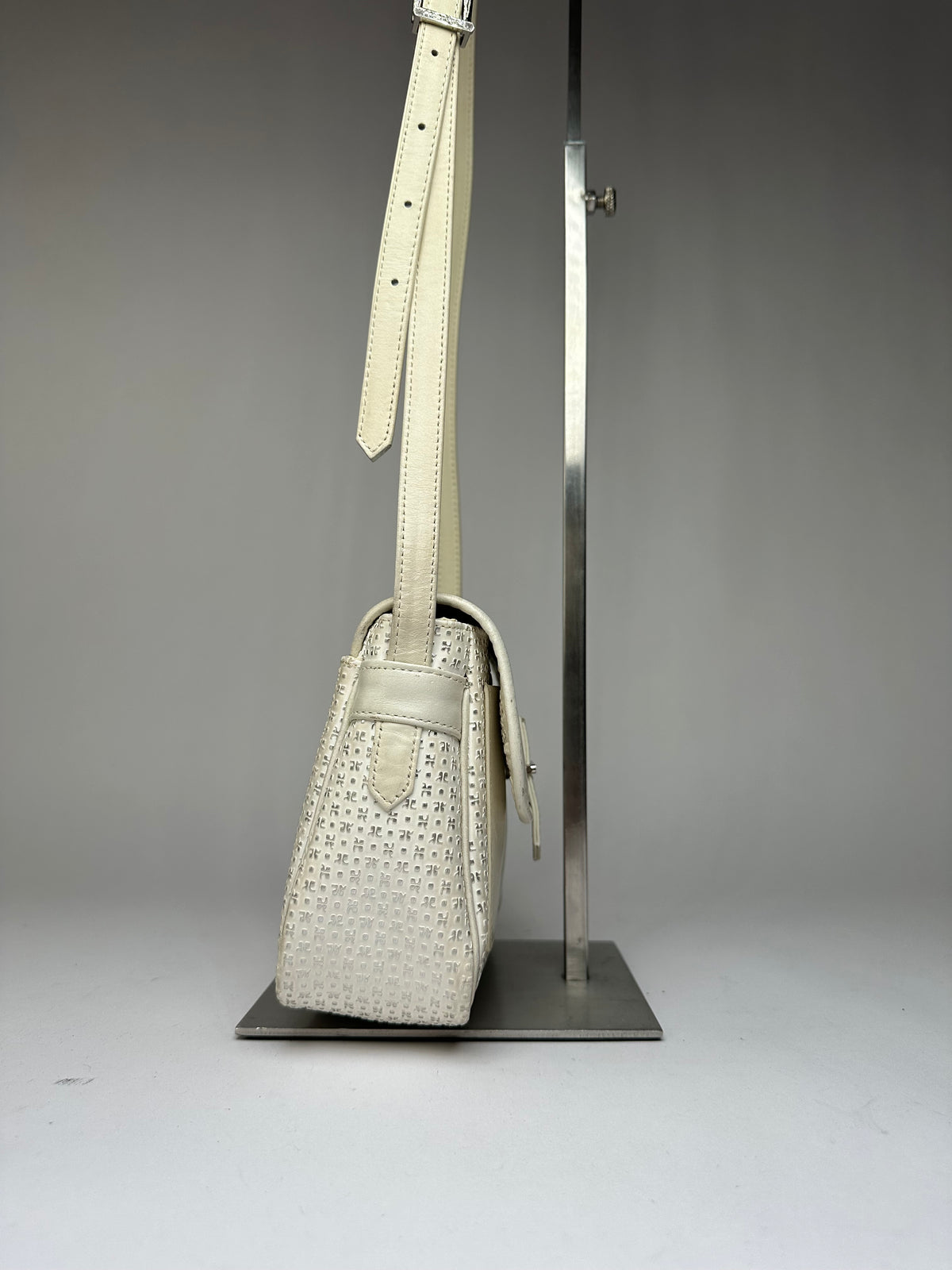 Vintage Courreges Perforated Leather Flap Crossbody Bag c. Late 1970s Cream