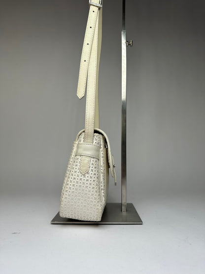 Vintage Courreges Perforated Leather Flap Crossbody Bag c. Late 1970s Cream