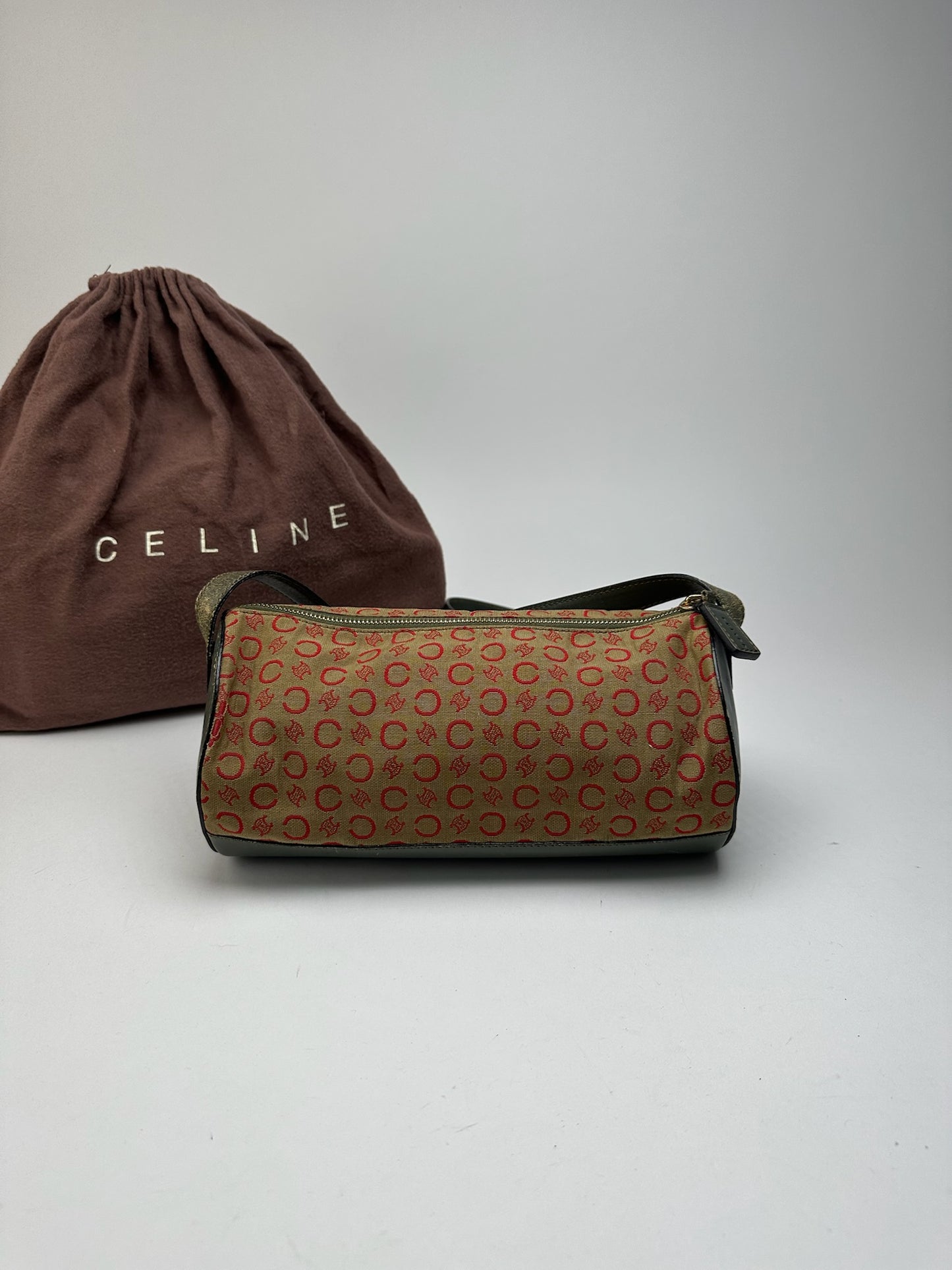 Sac Macadam vintage Céline Paris kaki rouge