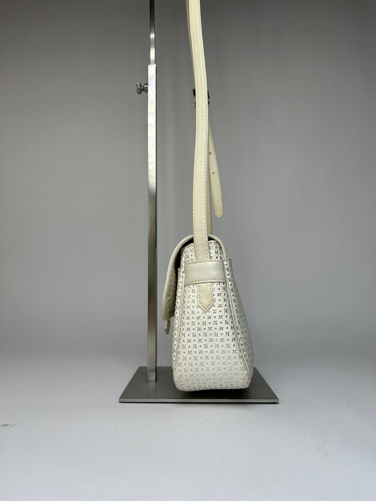 Vintage Courreges Perforated Leather Flap Crossbody Bag c. Late 1970s Cream