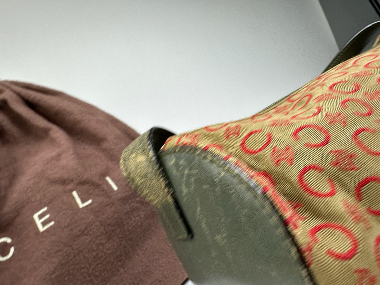 Sac Macadam vintage Céline Paris kaki rouge