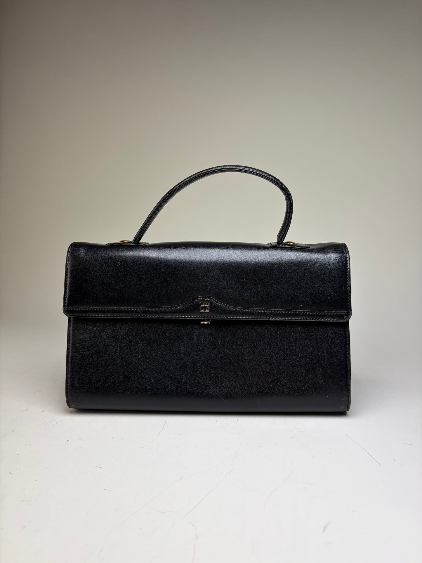 Vintage Givenchy Structured Leather Handbag Black Gold