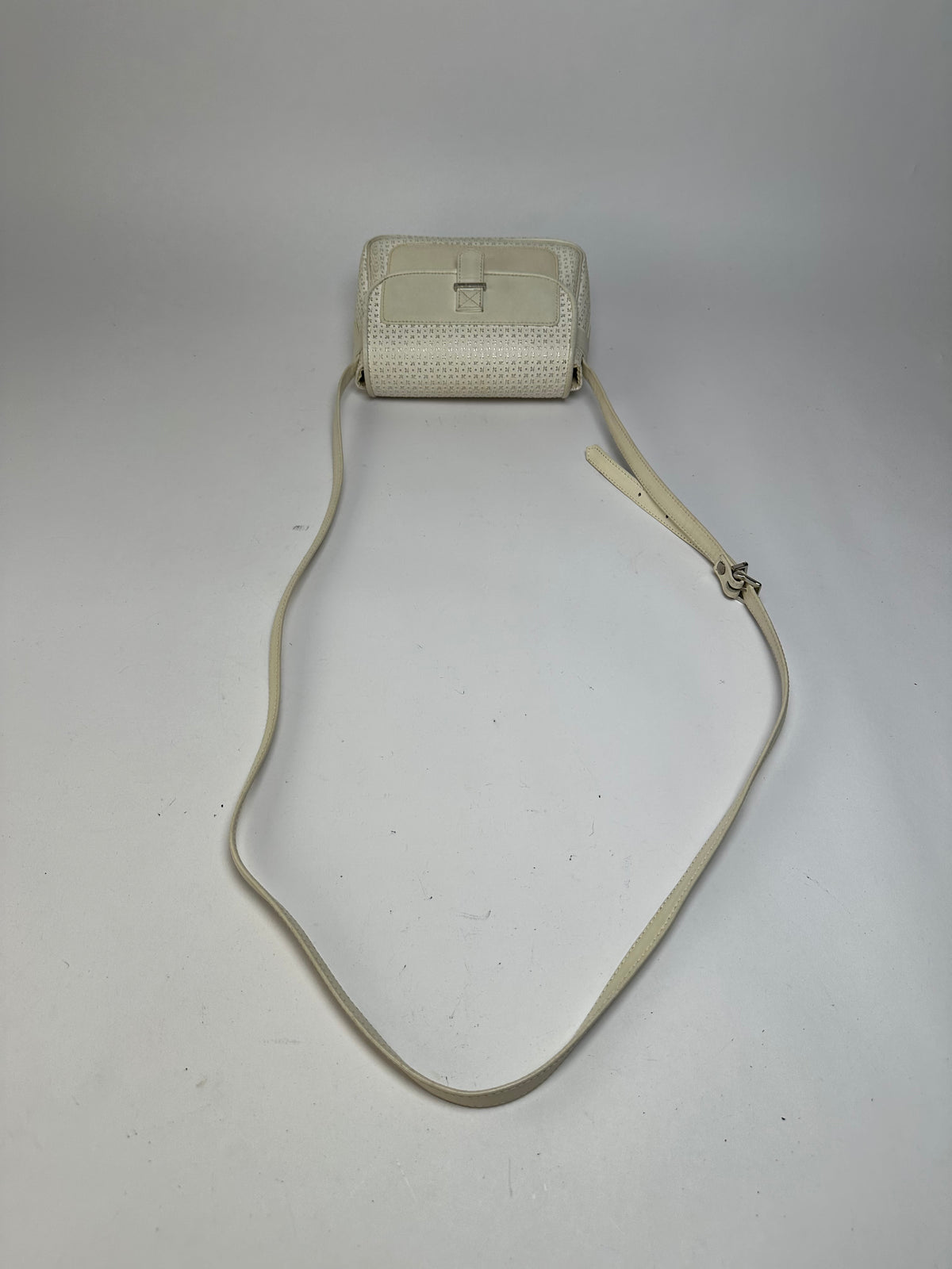 Vintage Courreges Perforated Leather Flap Crossbody Bag c. Late 1970s Cream