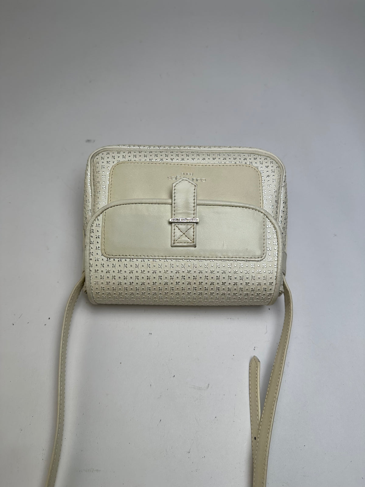 Vintage Courreges Perforated Leather Flap Crossbody Bag c. Late 1970s Cream