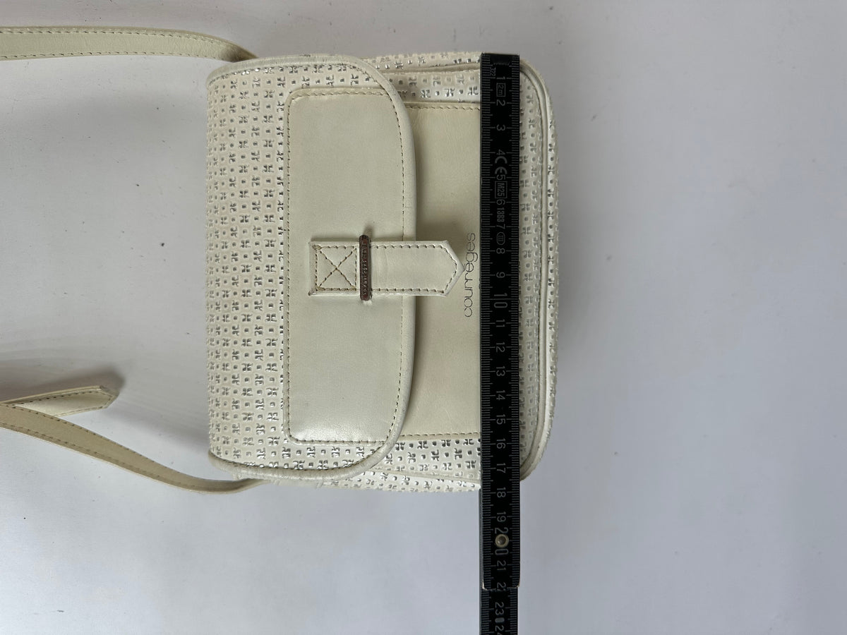 Vintage Courreges Perforated Leather Flap Crossbody Bag c. Late 1970s Cream