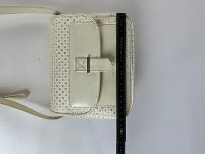 Vintage Courreges Perforated Leather Flap Crossbody Bag c. Late 1970s Cream