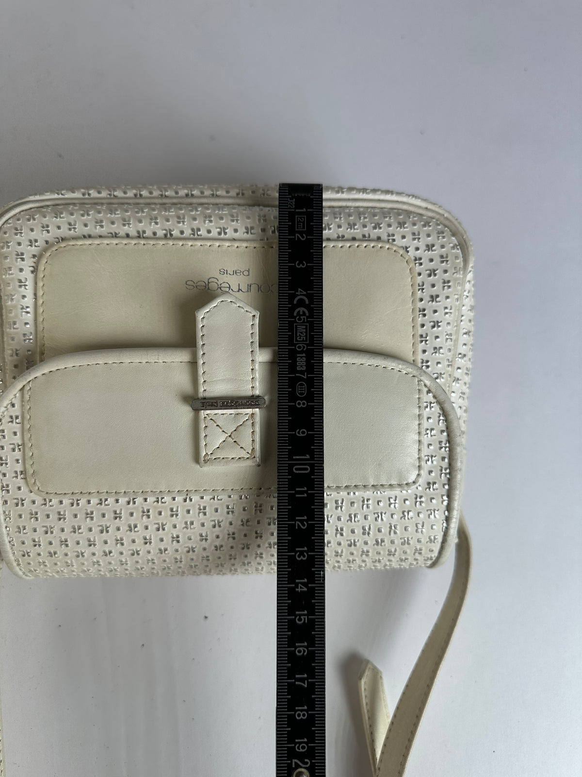 Vintage Courreges Perforated Leather Flap Crossbody Bag c. Late 1970s Cream