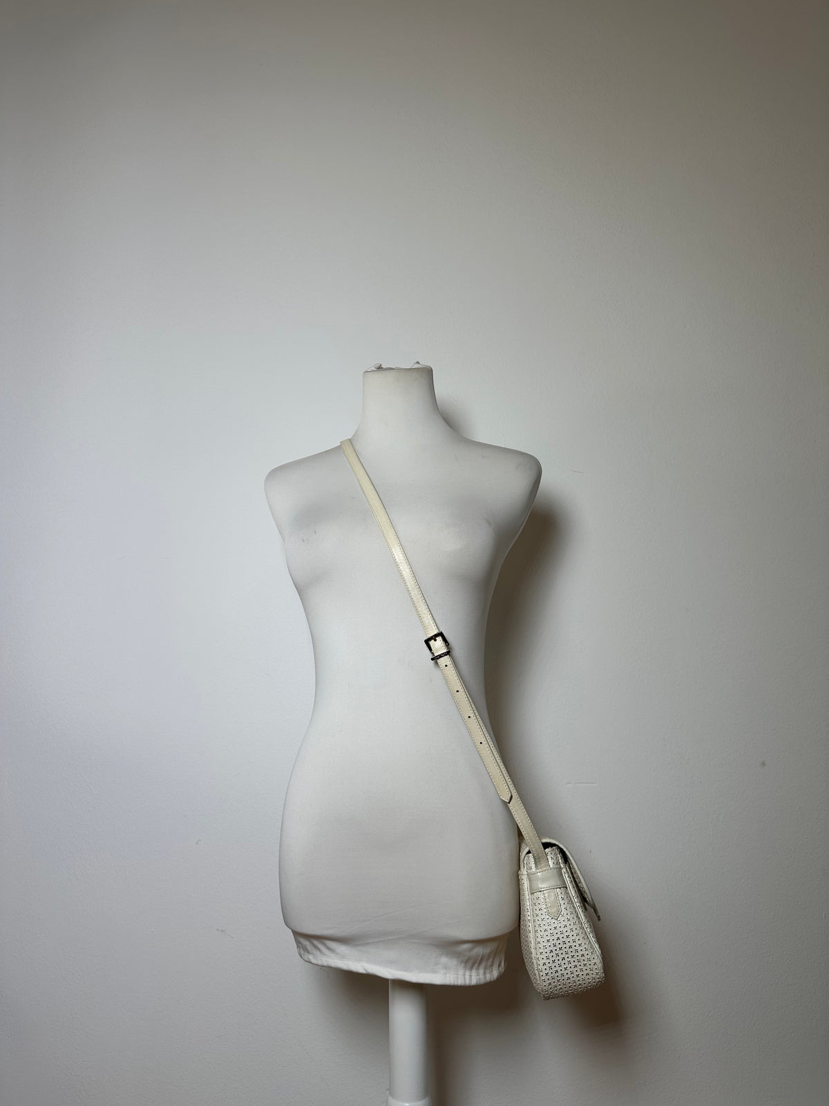 Vintage Courreges Perforated Leather Flap Crossbody Bag c. Late 1970s Cream